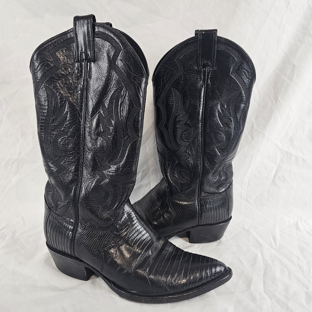 Justin 8105 Teju Lizard Cowboy Boots Mens 8 B Black Western J Toe USA Made